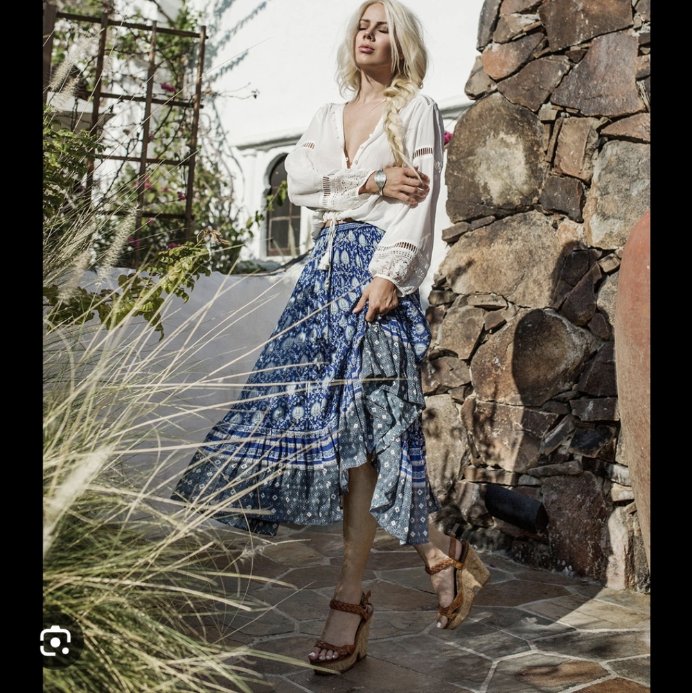 Spell & Gypsy Oracle midi skirt blue with silver thread detail